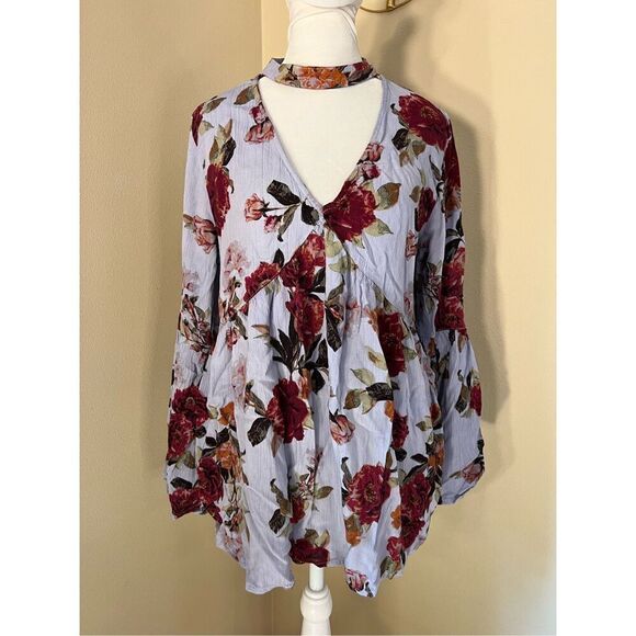 ANA Blue Red Floral Bell Sleeve Peasant Blouse w Choker V Neckline Medium - Picture 1 of 7